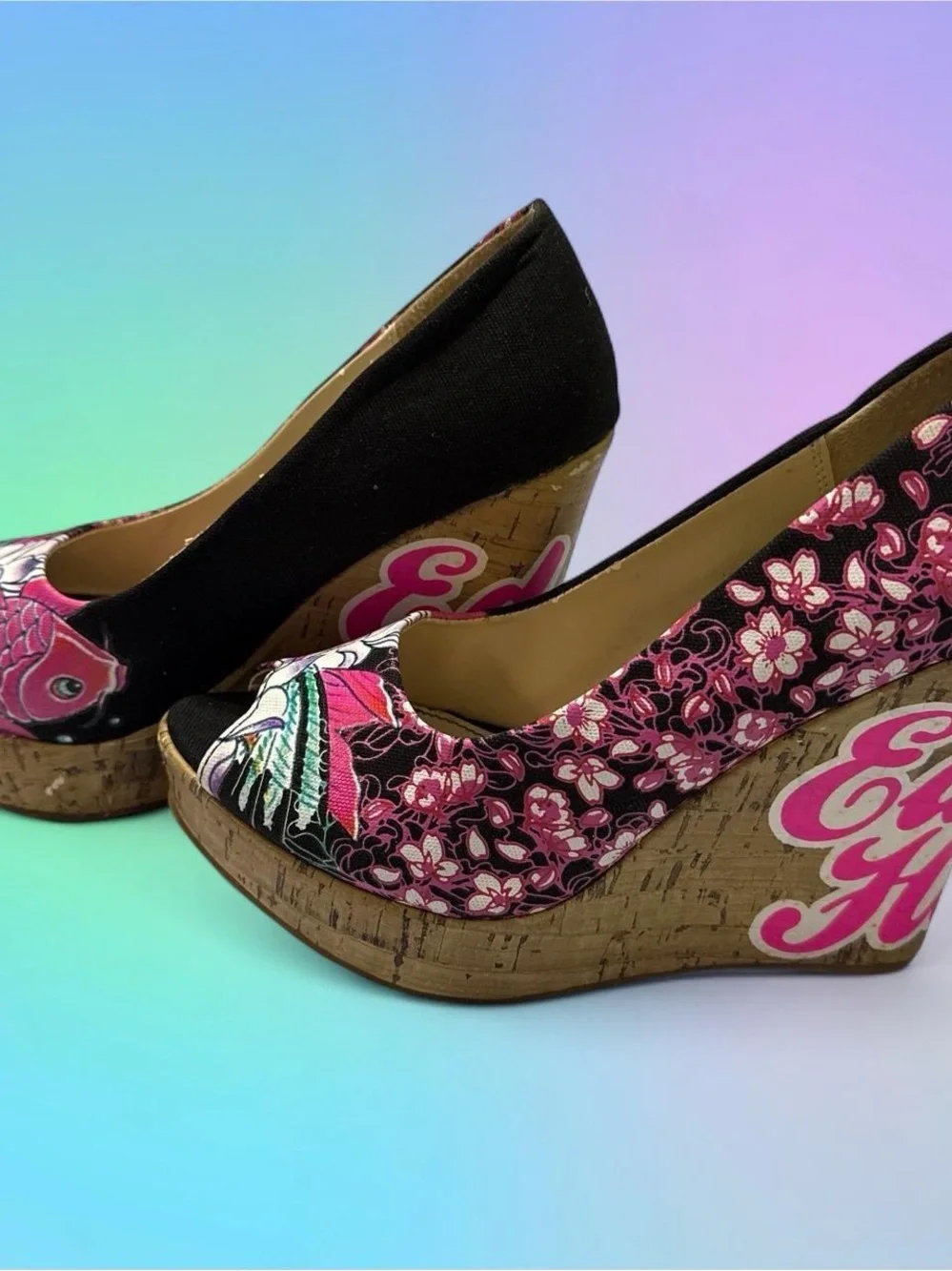 RARE Vintage Y2K Ed Hardy Black and Pink Wedges with Floral and Fish Print
